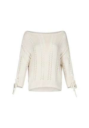 Strickpullover in Off-White mit geripptem Saum, weitem Rundhalsausschnitt und Dreiviertelärmeln. Verfügt über Knotenakzente an den Ärmeln und ein Durchbruchmuster.