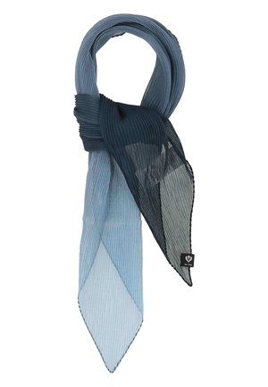 Écharpe en chiffon plissé bleu clair et bleu foncé nouée en un nœud lâche, avec une petite étiquette noire à l'extrémité.