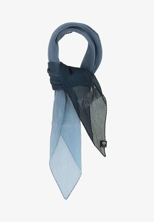 Eșarfă plisată din chiffon albastru deschis și albastru închis, legată într-un nod lejer, cu o etichetă mică neagră la capăt.