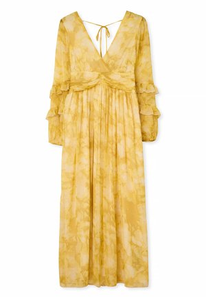 Robe longue jaune avec un décolleté en V, des manches longues à volants et une taille cintrée. Le tissu plissé présente un subtil motif aquarelle.