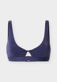 Μωβ μπικίνι τοπ με γκλίτερ, φαρδιές τιράντες, μικρό άνοιγμα μπροστά και κλείσιμο με ρυθμιζόμενο αγκράφα στην πλάτη.