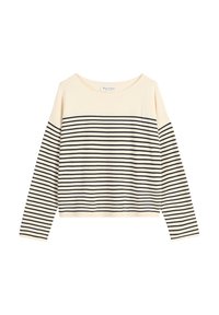 Roomwit top met lange mouwen en zwarte horizontale strepen. Heeft een brede halslijn en een cropped ontwerp, gemaakt van zachte stof.