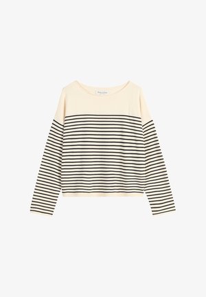 Haut à manches longues crème avec des rayures horizontales noires. Il présente un large décolleté et une coupe courte, fabriqué en tissu doux.