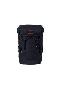 Zwarte canvas rugzak met een rol-top sluiting, verstelbare schouderbanden, gele accenten en een vooraanstaande logo patch. Voorzien van zijvakken en hardwaredetails.