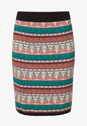 Gestrickter Minirock mit mehrfarbigen Mustern in Pink, Türkis und Creme. Schwarzer, gerippter Bund, texturierter Stoff mit dekorativen Bändern.