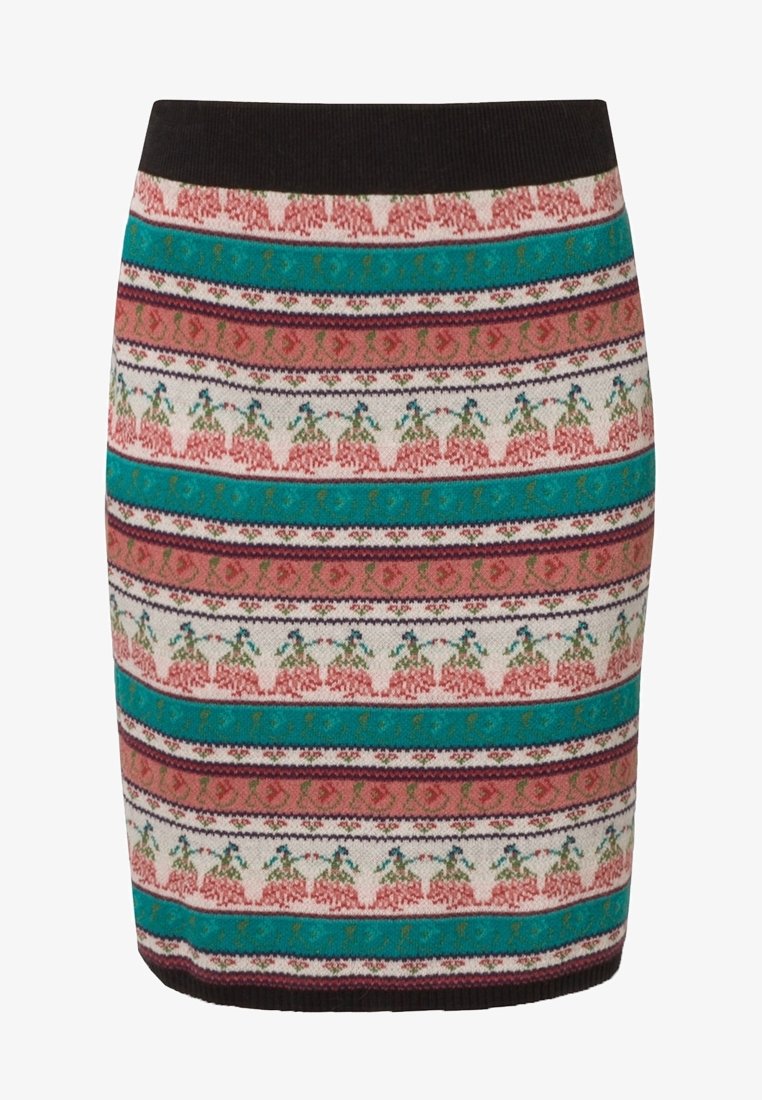 Mini-jupe tricotée avec des motifs multicolores incluant du rose, du turquoise et du crème. Taille élastique noire côtelée, tissu texturé avec des bandes décoratives.