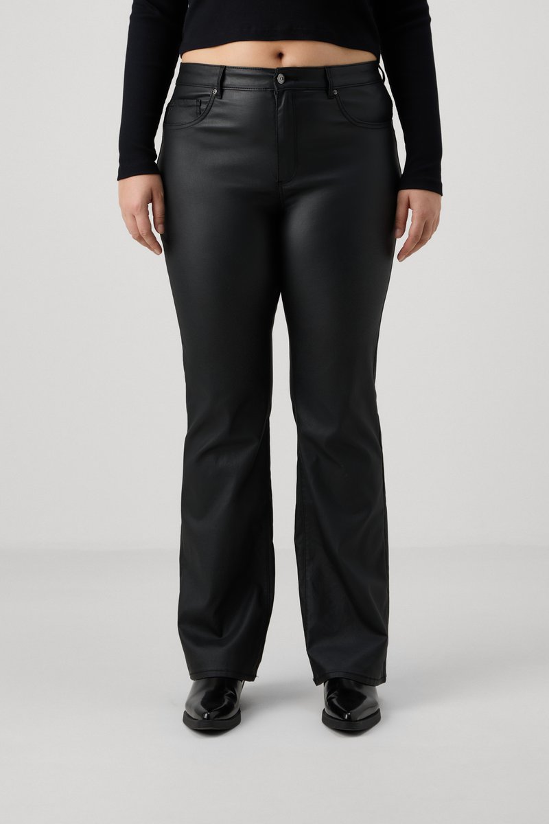 Black leather flared pants with front pockets, button closure, and a smooth texture. Fitted design at the waist, flowing from knee to hem.