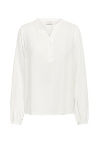 Blouse blanche à manches longues avec de fines rayures verticales, un col rond en V, et trois boutons à l'avant.