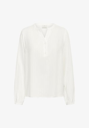 Balta garām piedurknēm blūze ar smalkām vertikālām svītrām, apaļu V veida apkakli un trim priekšējām pogām.