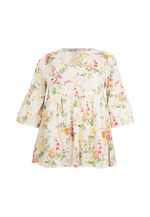 Witte bloemen tuniekblouse met roze, gele en groene bloemmotieven, 3/4 klokk mouwen en een keyhole halslijn met koordsluitingen.