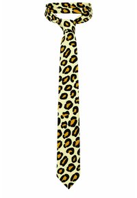 Leopardų rašto kaklaraištis su grietinėlės spalvos fonu. Yra juodų ir oranžinių leopardų taškų, glotni tekstūra ir smailus galas.