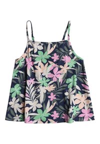 Blumiges Camisole-Top mit dünnen Trägern, auf einem marineblauen Hintergrund, mit lebhaften pinken, grünen und beigen Blumen, aus weichem Stoff gefertigt.