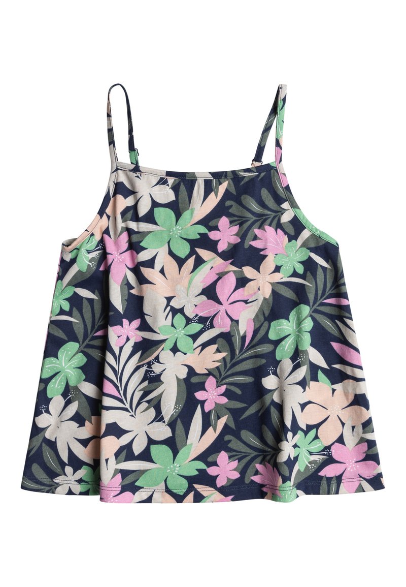 Blumiges Camisole-Top mit dünnen Trägern, auf einem marineblauen Hintergrund, mit lebhaften pinken, grünen und beigen Blumen, aus weichem Stoff gefertigt.