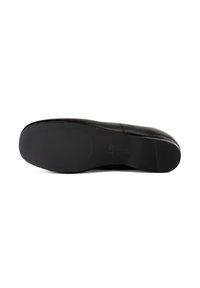 Semelle de chaussure en cuir noir avec zones de grip texturées au talon et à l’avant, présentée sur fond blanc.