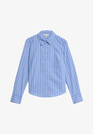 Camisa de botones de manga larga a rayas azul y blanca. Presenta un collar tipo pico y un dobladillo curvado. Fabricada con una tela suave y ligera.