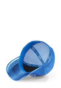 Blue cap with a curved brim, mesh back, and inner lining featuring a repeating logo. Smooth fabric with a glossy finish.