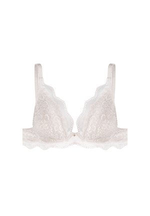 Spitzen-BH in Hellbeige mit gewelltem Rand, gepolsterten Cups, verstellbaren Trägern, floralem Muster und einer zentralen Schleifendetail.