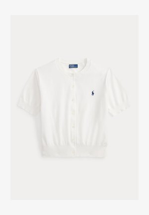 Λευκό κοντομάνικο ζακέτα με κουμπιά και ριμπ τελειώματα, με λογότυπο παίκτη πόλο σε σκούρο μπλε στο αριστερό στήθος.