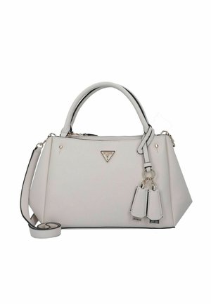 Borsa a tracolla in finta pelle grigia chiara con design strutturato, doppio manico superiore, tracolla removibile, dettagli in metallo argentato e accenti con logo.