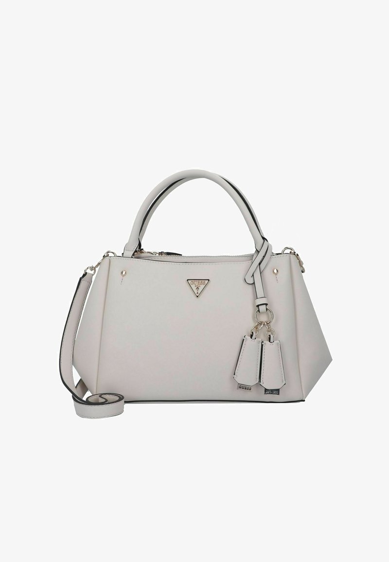 Borsa a tracolla in finta pelle grigia chiara con design strutturato, doppio manico superiore, tracolla removibile, dettagli in metallo argentato e accenti con logo.