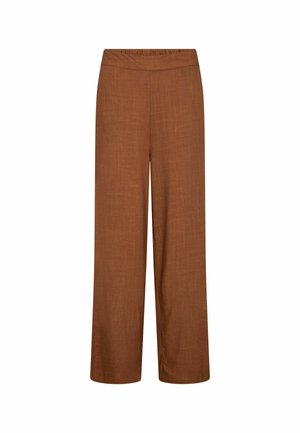 Barna, széles szárú nadrág magas derékkal és sima elülső résszel, könnyű anyagból készült.