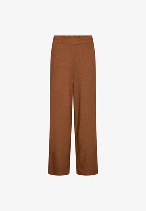 Pantalon large marron à taille haute et devant lisse, en tissu léger.