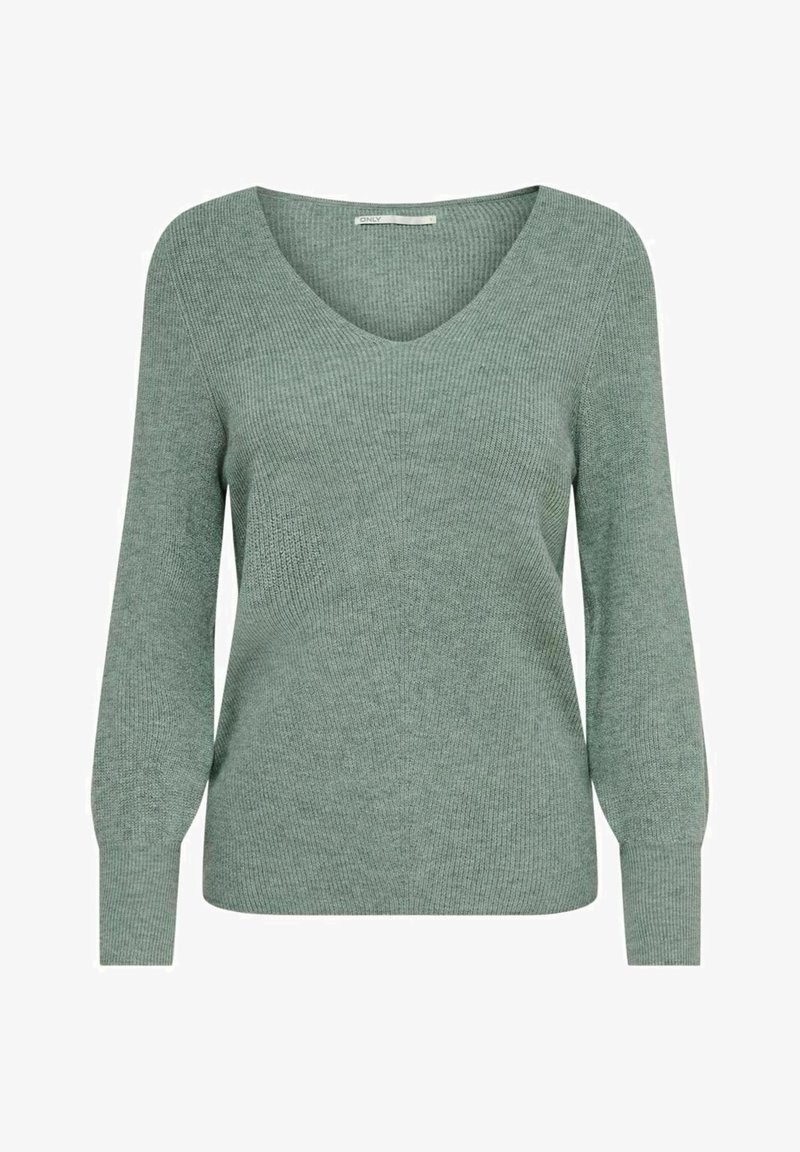 Pull vert tricoté avec manches longues et col en V, montrant une fine texture côtelée et des poignets ajustés.