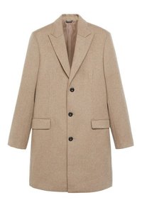 Beige wollen mix jas met een omgeslagen kraag, eenknops sluiting aan de voorkant, drie zwarte knopen en twee voorzakken. Getailleerde pasvorm, knielang model.