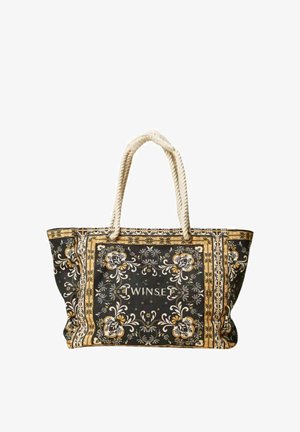 Borsa a tracolla con motivo floreale nero e oro, manici a corda e logo "TWINSET" al centro del pannello frontale.