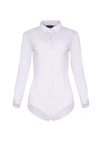 Witte bodysuit met lange mouwen en kraag, met knoopsluiting aan de voorkant en een gladde stof. Heeft een strakke pasvorm en een naadloze onderconstructie.