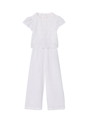 White two-piece outfit with short-sleeve eyelet lace top and wide-leg lightweight pants, suitable for warm weather.