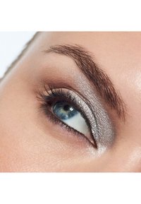Gros plan d’un œil bleu avec un fard à paupières argenté et des cils et sourcils définis sur une peau claire.