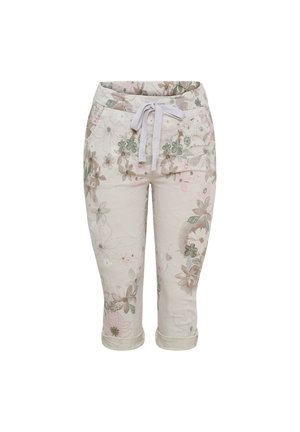 Lyse beige kortbukser med op rullede manchetter, blomsterprint i dæmpet pink, grøn og brun, og hvid snøre til at binde i taljen.