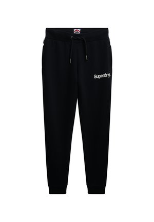 Zwarte joggingbroek van zacht materiaal, met een elastische tailleband met trekkoord, twee zijzakken en een wit logo op de dij.