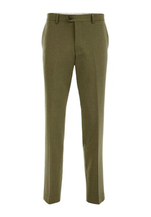 Olive green trousers made from a textured fabric, featuring a button closure, belt loops, and a straight-leg design.