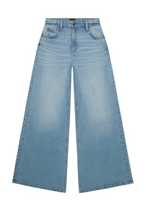 Lichtblauwe denim jeans met wijde pijpen, hoge taille, knoopsluiting aan de voorkant, rits en vijf zakken.
