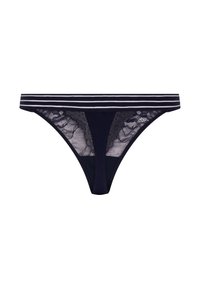 Marineblaue Strings mit Spitzendetails und einem gestreiften elastischen Bund. Sie verfügen über einen glatten Stoff und komplexe Spitzenmuster an den Seiten.