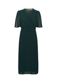 Tmavě zelené plisované šaty s překládaným výstřihem do V a krátkými průsvitnými rukávy. Hladká látka s vertikálními záhyby, střih do délky ke kolenům.