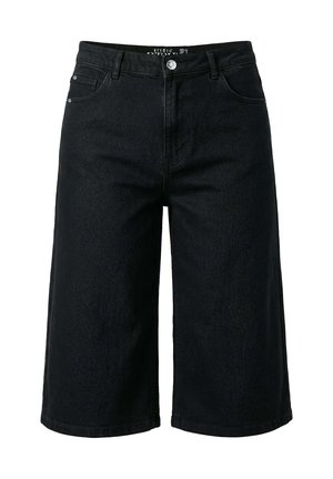 Mustat denimin polvenmittaiset shortsit, joissa on etunappi, vyölenkit ja viiden taskun malli.