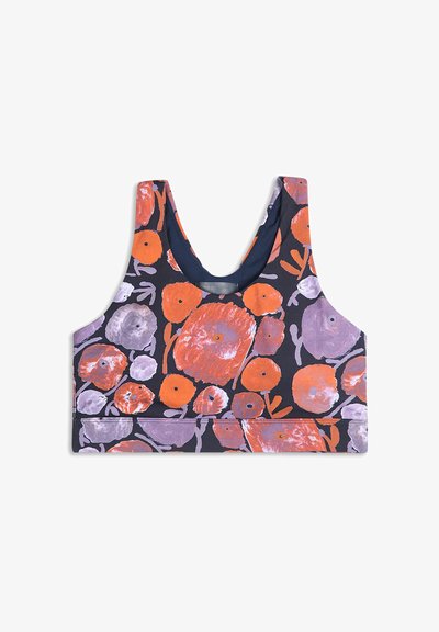 Sports-bh med brede stropper, marineblå bund og abstrakt blomsterdesign i orange og lavendel.