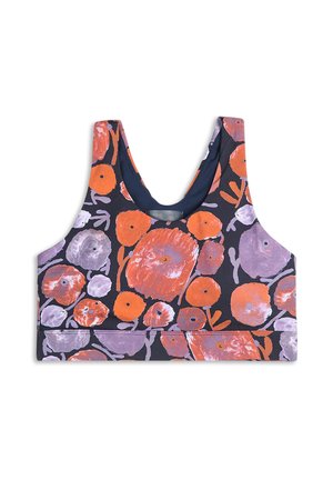Soutien-gorge de sport fleuri avec une base noire, présentant des motifs de fleurs abstraites orange et violettes. Design dos nageur avec une texture de tissu lisse.
