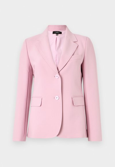 Light pink blazer made of smooth fabric, featuring a notched collar, two front pockets, and two buttons on the front.