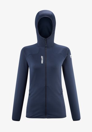 Marineblaue Zip-Jacke mit Kapuze, aus strukturiertem Stoff, schmal geschnitten und mit zwei seitlichen Taschen. Markenlogo auf der Vorderseite.