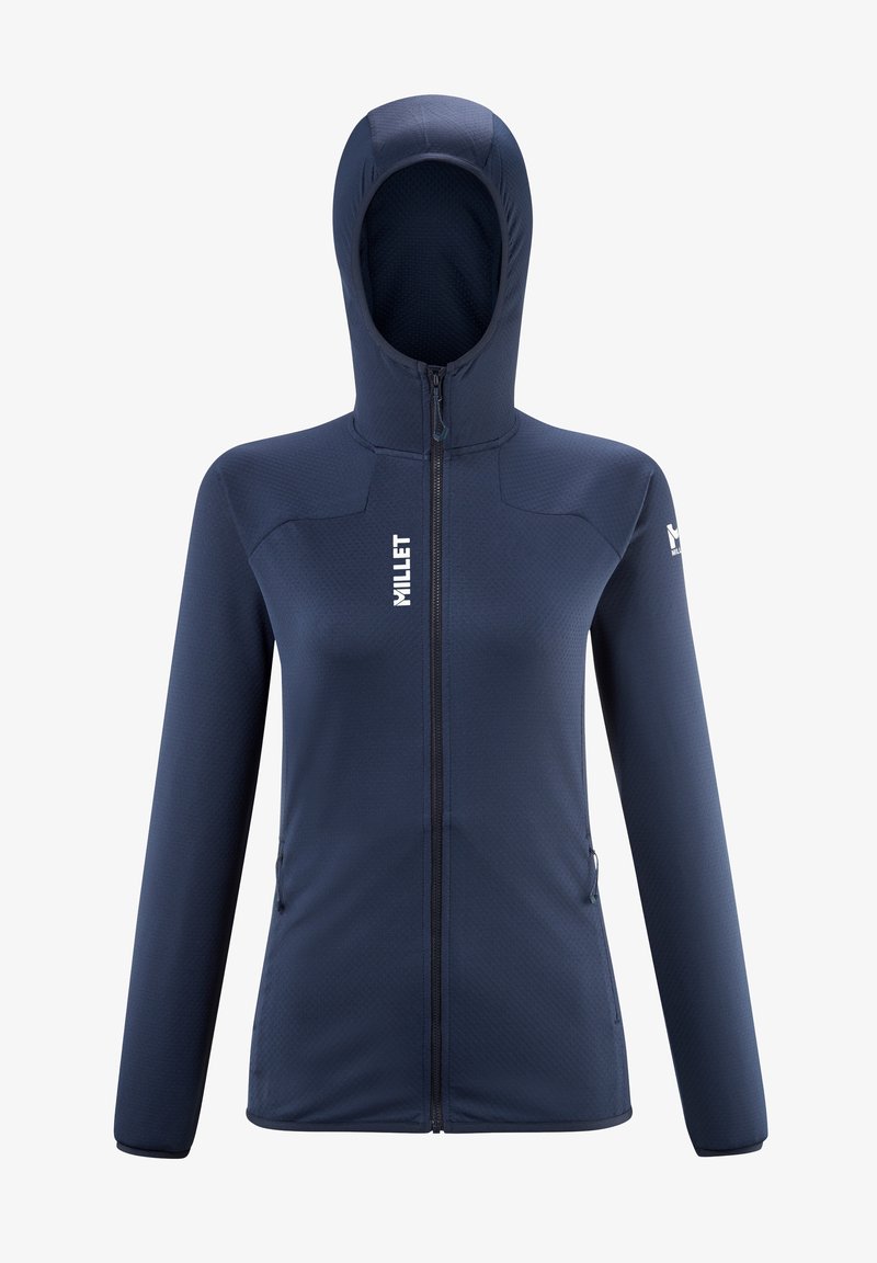 Navy blue zip-up jacket with a hood, made from textured fabric, featuring a fitted design and two side pockets. Brand logo on the front.