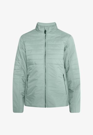 Jasnozielona kurtka ocieplana z wysokim kołnierzem, zamkiem z przodu i bocznymi kieszeniami. Materiał jest gładki z pikowanymi detalami na korpusie.