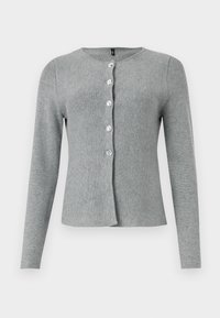 Grå langermet cardigan med rund hals, med fem klare knapper foran, laget av mykt strikkemateriale med en glatt tekstur.