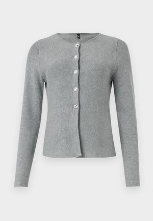 Gray long-sleeve cardigan, round neckline, featuring five clear buttons down the front, made of soft knit material with a smooth texture.
