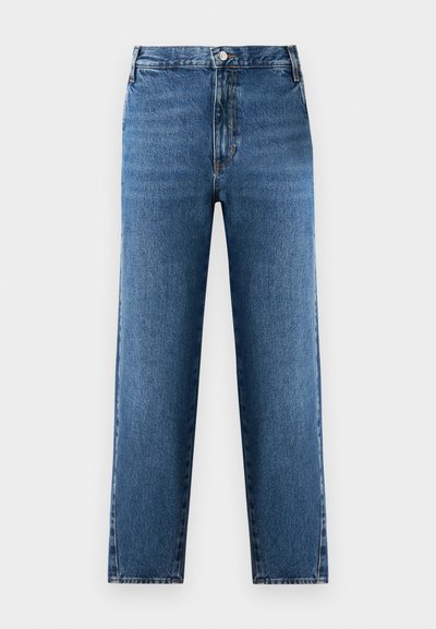 Modré džíny s rovnými nohavicemi a vysokým pasem, vyrobené z denimu. Obsahují přední zapínání na knoflík a zip a jemné zesvětlení na látce.