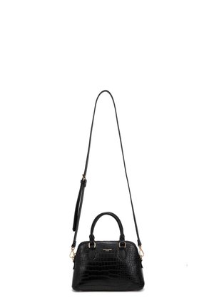 Sac à main en cuir synthétique noir façon crocodile avec double poignées supérieures et une longue bandoulière réglable, ferrures dorées, fermeture éclair.