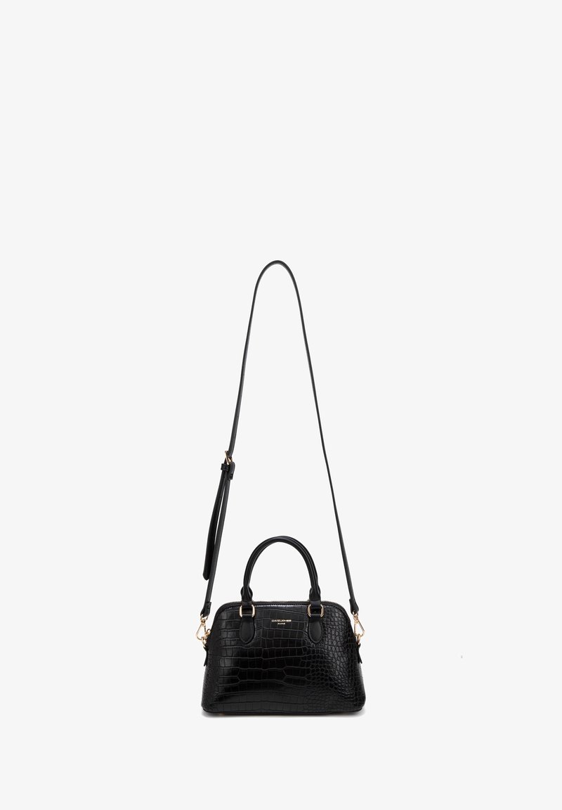 Sac à main en cuir synthétique noir façon crocodile avec double poignées supérieures et une longue bandoulière réglable, ferrures dorées, fermeture éclair.